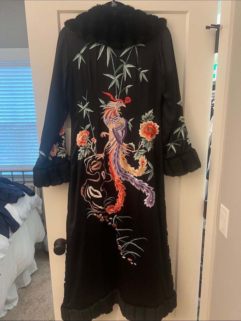 Sue Wong Black Trench Coat with Red & Green Floral Embroidery - Picture 4 of 5